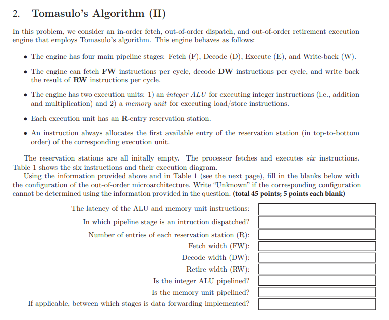  2. Tomasulo's Algorithm (II) In this problem, we consider an in-order