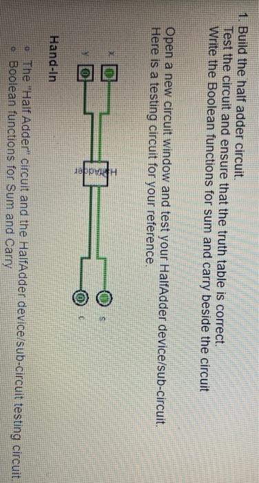  1. Build the half adder circuit. Test the circuit and ensure