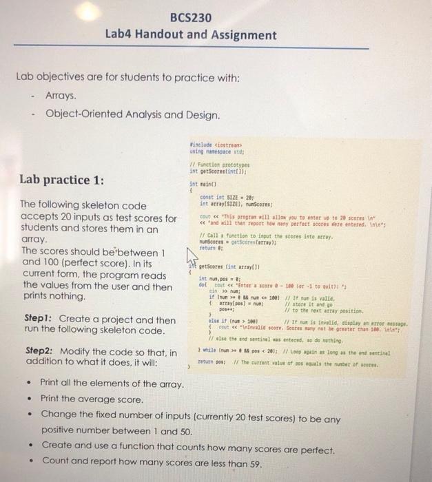  BCS230 Lab4 Handout and Assignment Lab objectives are for students to