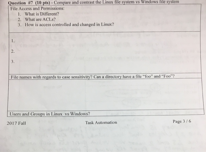  Question #7 (10 pts)-Compare and contrast the Linux file system vs