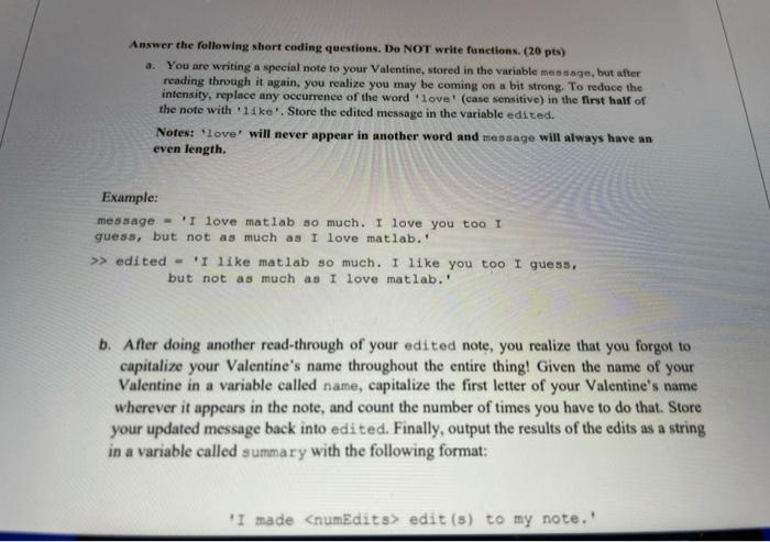 matlab code please Answer the following short coding questions. Do NOT write