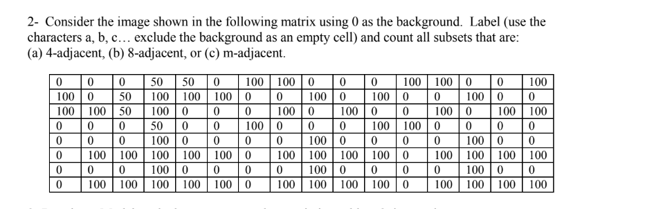2- Consider the image shown in the following matrix using 0
