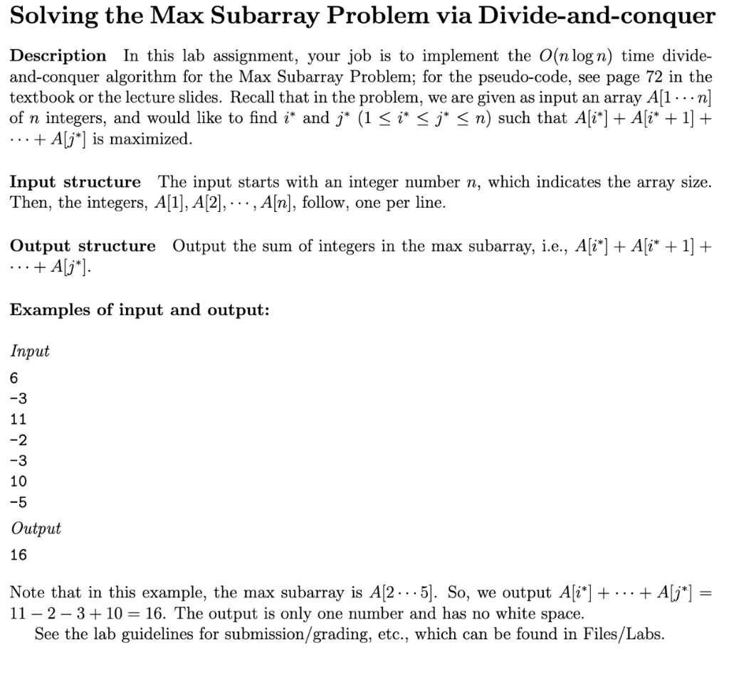  help with coding in C++ Solving the Max Subarray Problem via