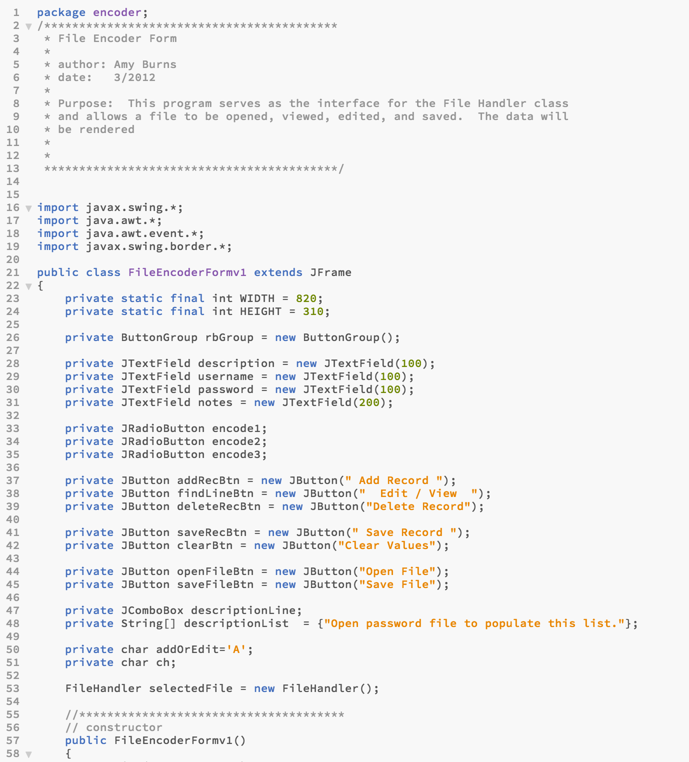 create two classes which will interface with the GUI form class, FileEncoderForm,