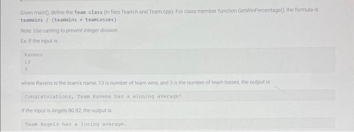  c++ Given main0, define the Team class (in files Team hand