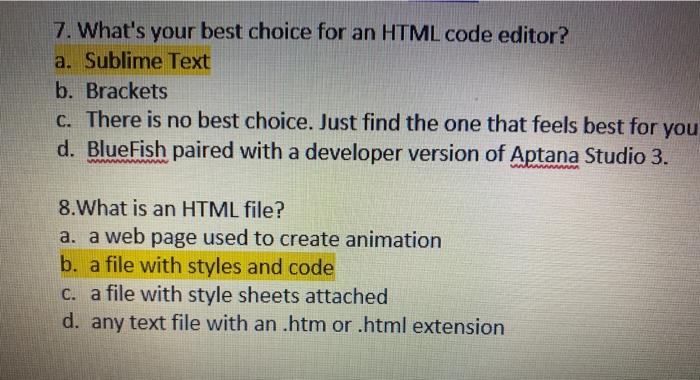  7. What's your best choice for an HTML code editor? a.