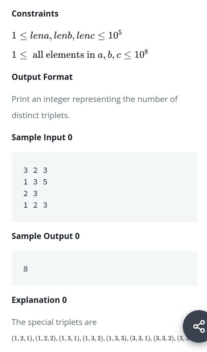 3 arrays a, b, c of different sizes, find the number of