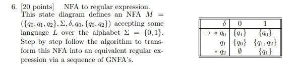  6. 20 points) NFA to regular expression. This state diagram defines