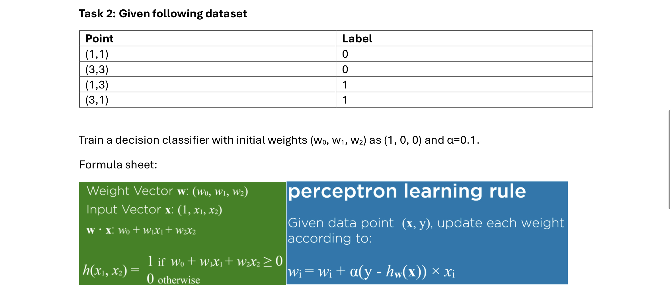 Task 2: Given following dataset \table[[Point,Label],[(1,1),0],[(3,3),0],[(1,3),1],[(3,1),1]] Train a decision classifier with