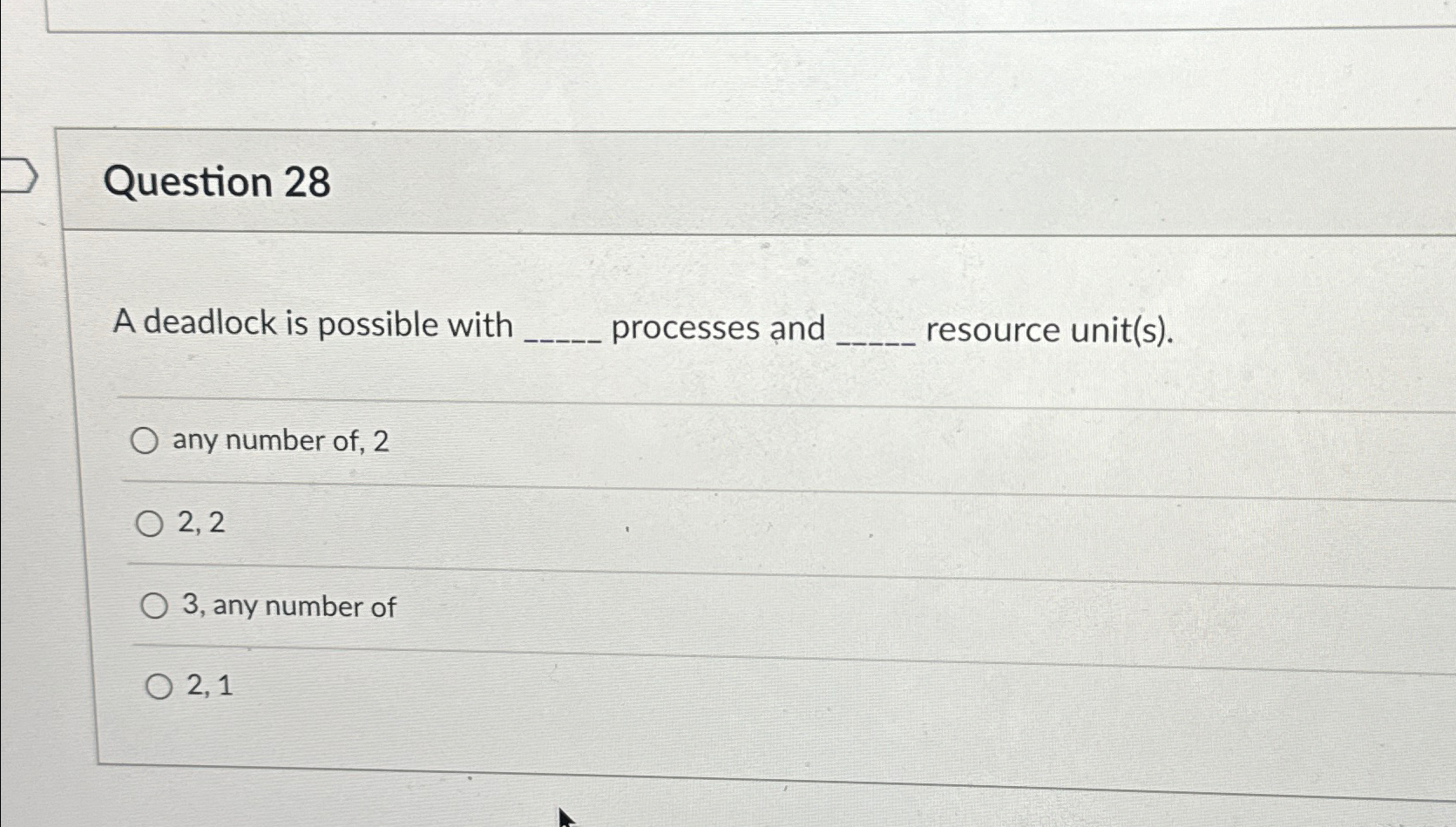 Question 28 A deadlock is possible with processes and resource unit(s).