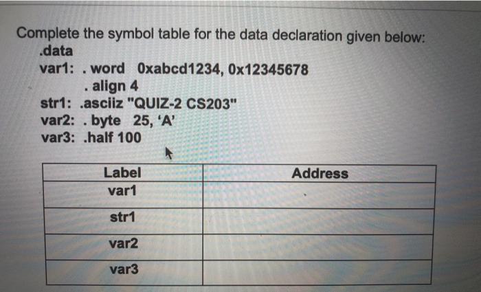  Complete the symbol table for the data declaration given below: .data