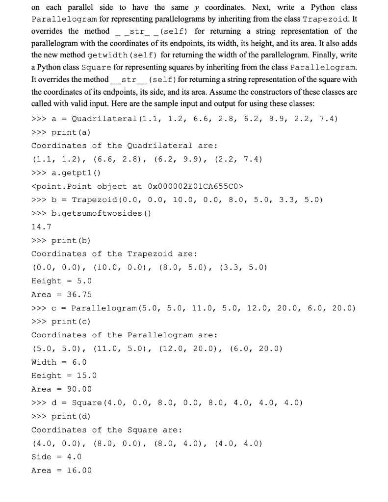 program point.py as follows: class Point: Write a Python class Quadrilateral for