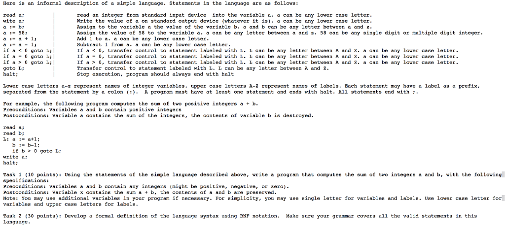  Please answer by Describing a Simple Language Using BNF for Task1