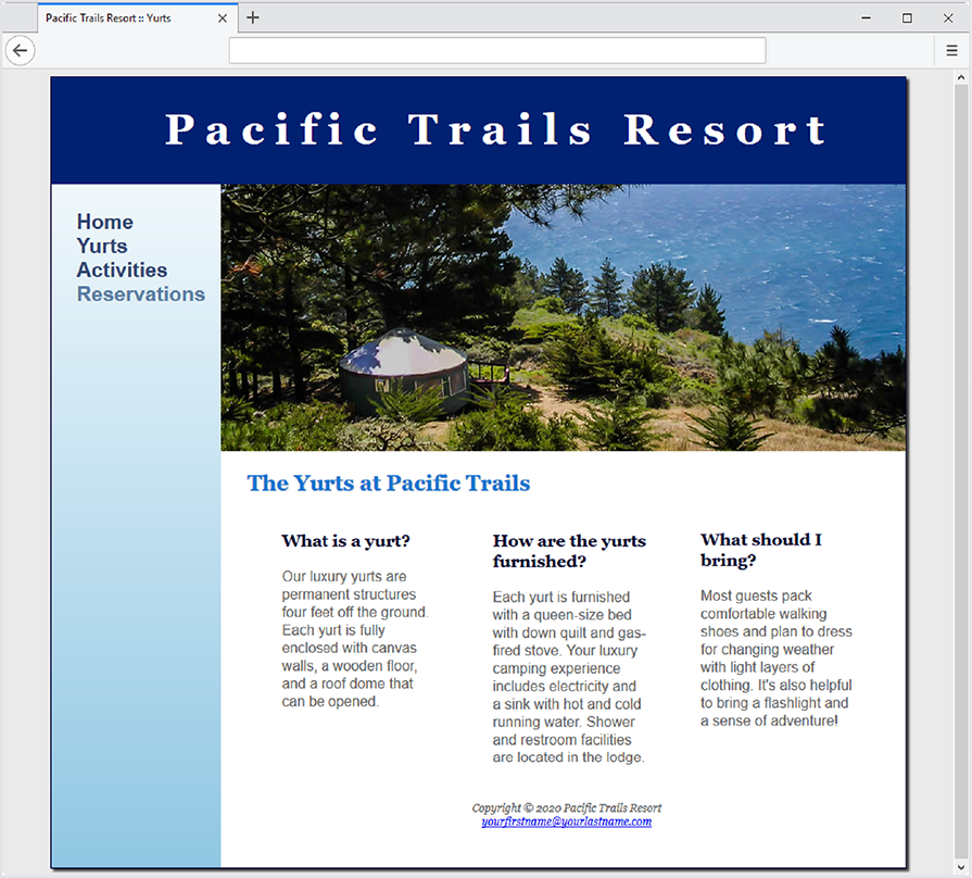 yurts.html. Modify the page in a similar manner as the Home page.