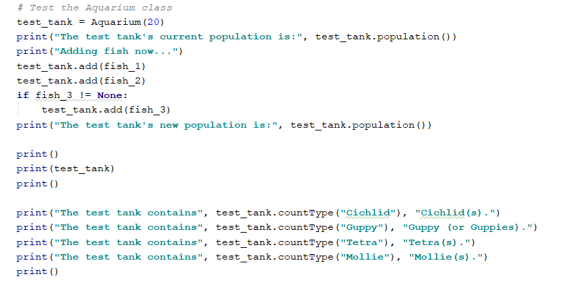 Aquarium has two instance variables: a list of Fish instances, and an