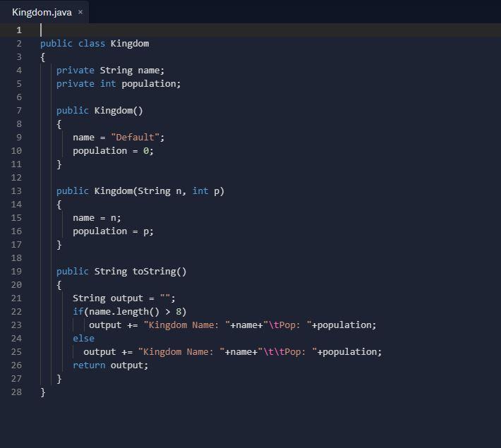 the name of the Kingdom getPop() - returns the population of the