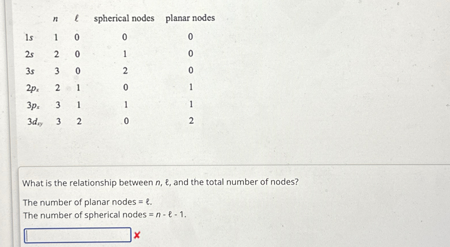  \table[[,n,l,spherical nodes,planar nodes],[1s,1,0,0,0],[2s,2,0,1,0],[3s,3,0,2,0],[2px,2,1,0,1],[3px,3,1,1,1],[3dxy,3,2,0,2]] What is the relationship between n,l, and the