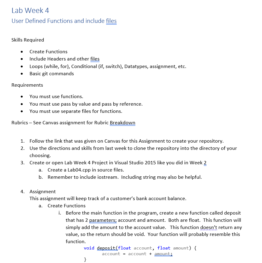  IN C++ PLEASE! Lab Week 4 User Defined Functions and include