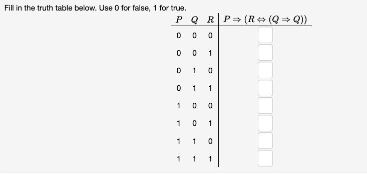 Fill in the truth table below. Use 0 for false, 1