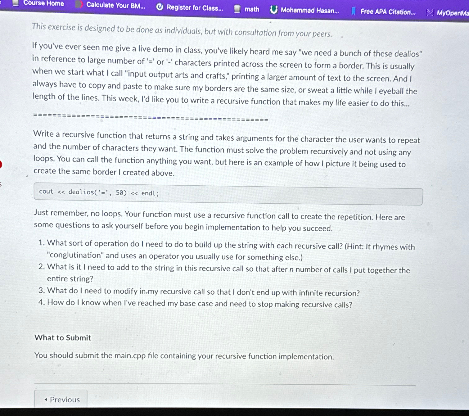  Course Home Calculate Your BM... Register for Class... math Mohammad Hasan...
