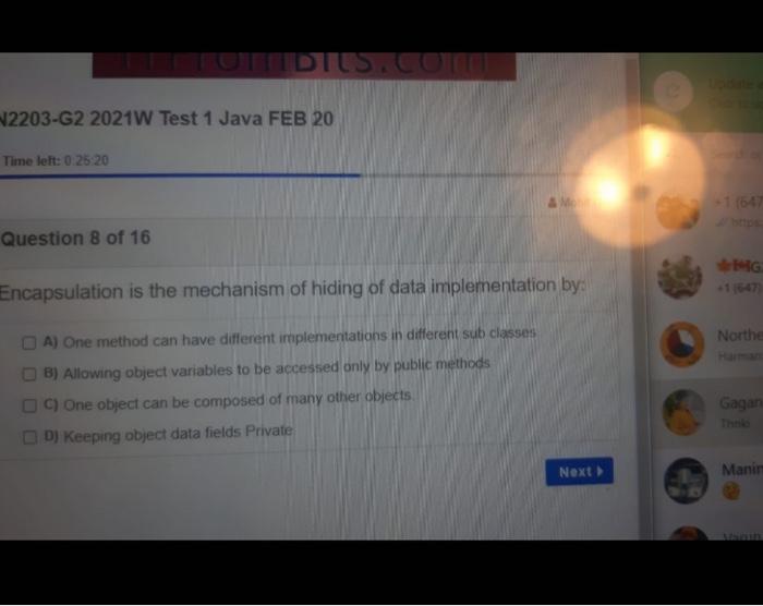  plzz answer the mcq N2203-G2 2021W Test 1 Java FEB 20