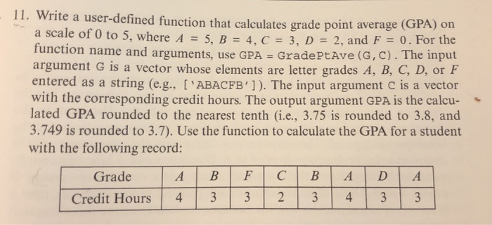  Using MATLAB 11. Write a user-defined function that calculates grade point
