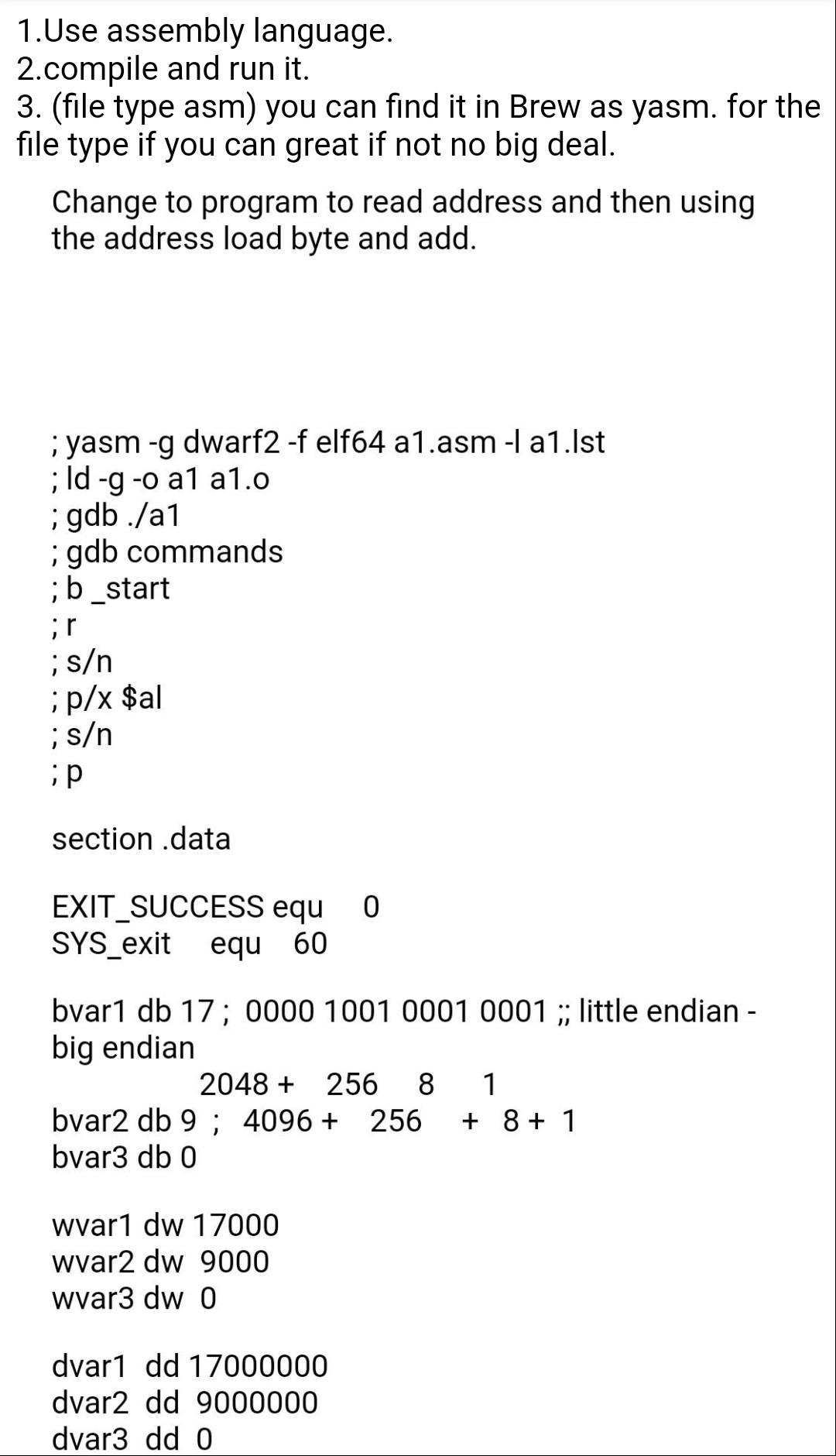 load byte and add. yasm -g dwarf2 -f elf64 a 1.asm -1