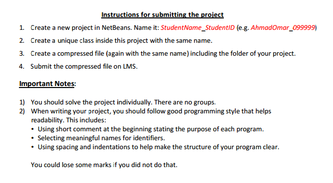 Java please Instructions for submitting the proiect 1. Create a new project