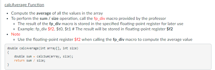 Need calcAvg function translated into MIPS. Provided code is below. Given Code: