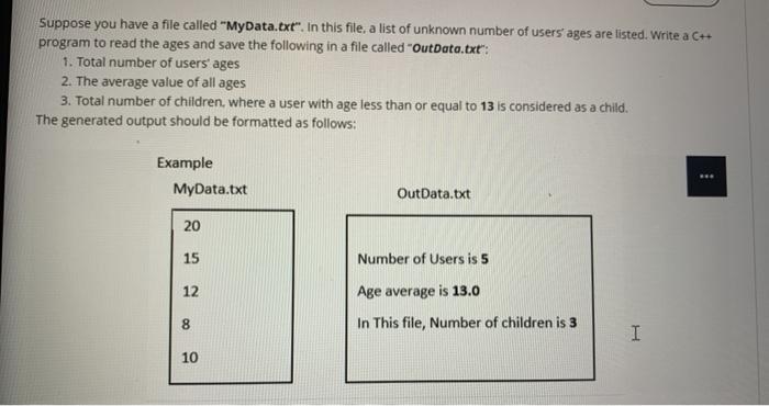  C++ code please Suppose you have a file called "MyData.txt". In