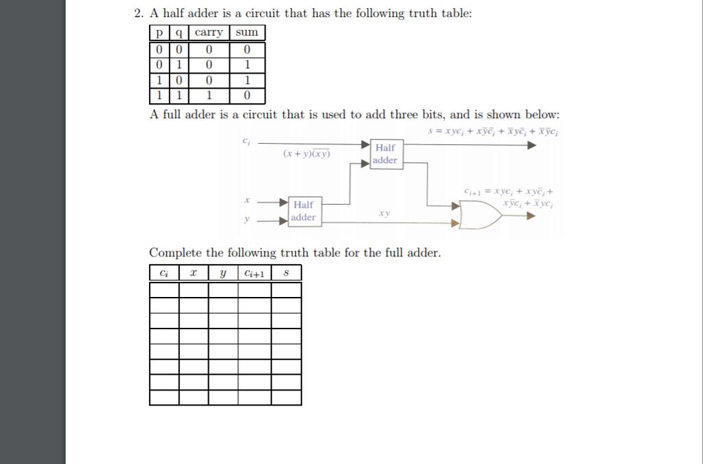 2. A half adder is a circuit that has the following