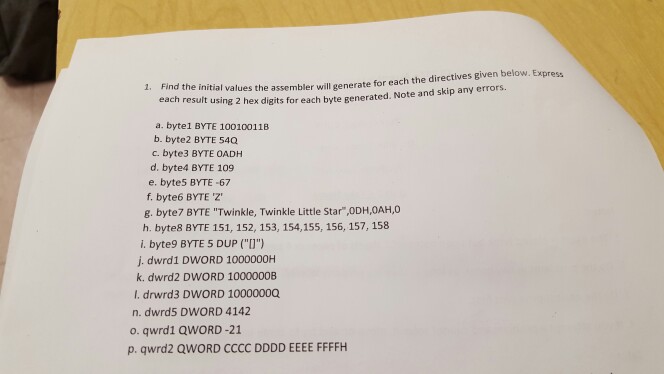  for ea Find the initial values the assembler will generate for