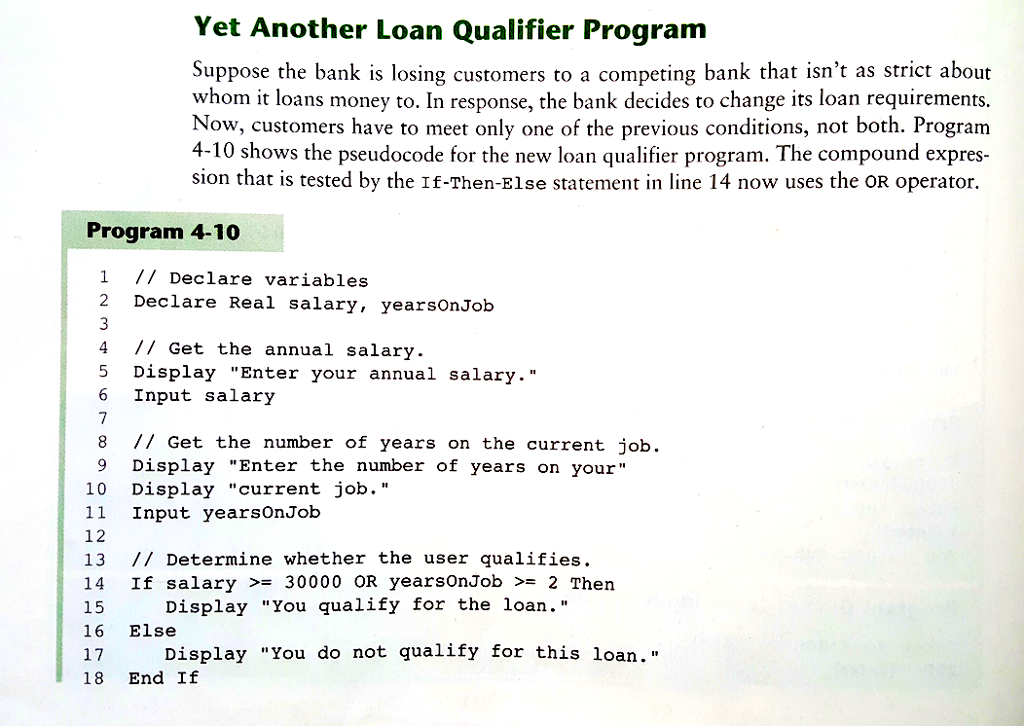 Loan Qualifier Program Look at Program 4-10 on page 158 of the