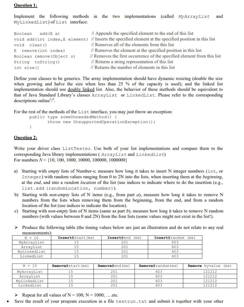  Question 1 Implement the following methods in the two implementations (called