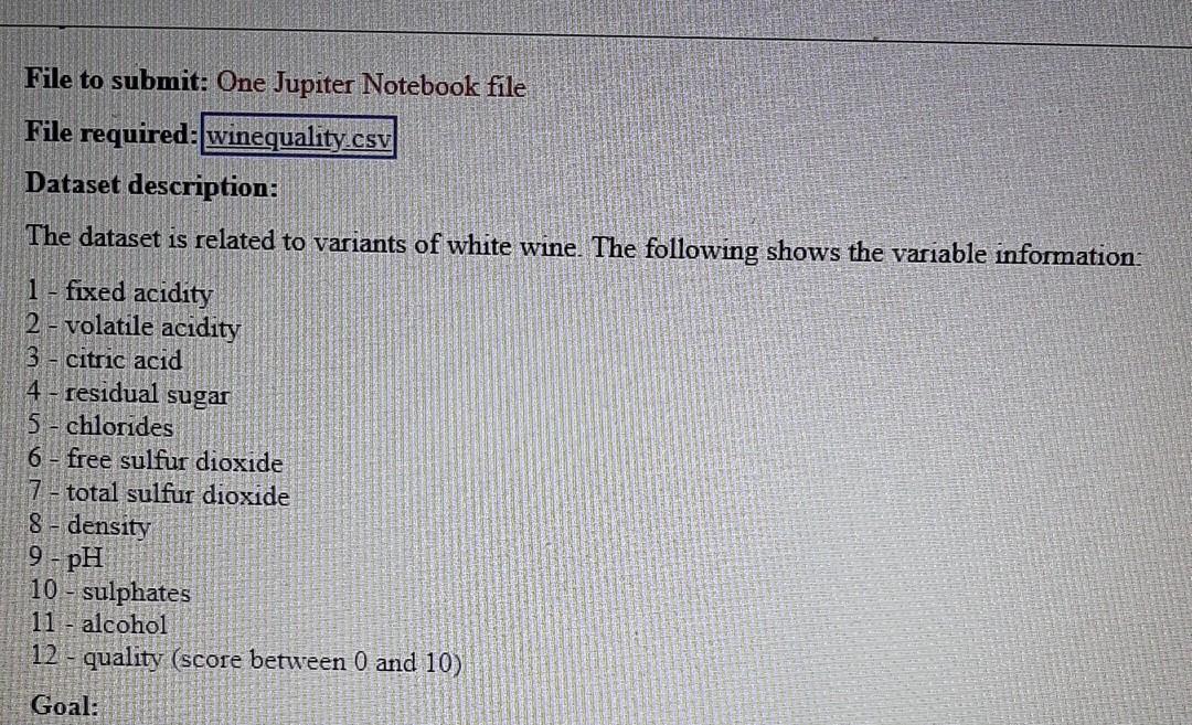File to submit: One Jupiter Notebook file File required: winequality.csv Dataset