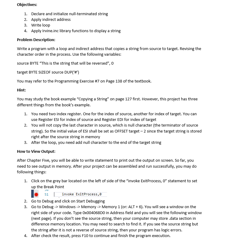  Objectives: 1. Declare and initialize null-terminated string 2. Apply indirect address
