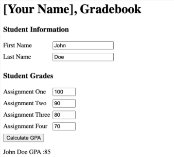 a student's grade and calculates their GPA using JavaScript custom objects. Include