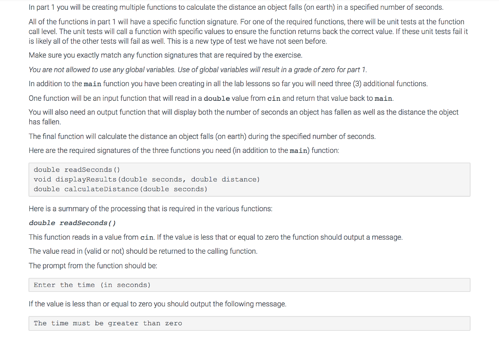 In part 1 you will be creating multiple functions to calculate