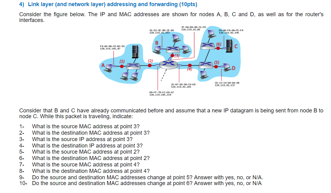 4) Link layer (and network layer) addressing and forwarding (10pts) Consider