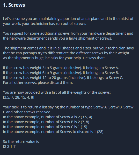  IN PYTHON! 1. Screws Let's assume you are maintaining a portion