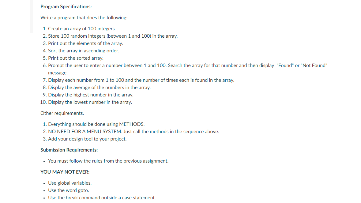 In Java Program Specifications: Write a program that does the following: 1.