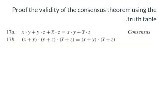  Proof the validity of the consensus theorem using the .truth table