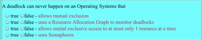  A deadlock can never happen on an Operating Systems that O