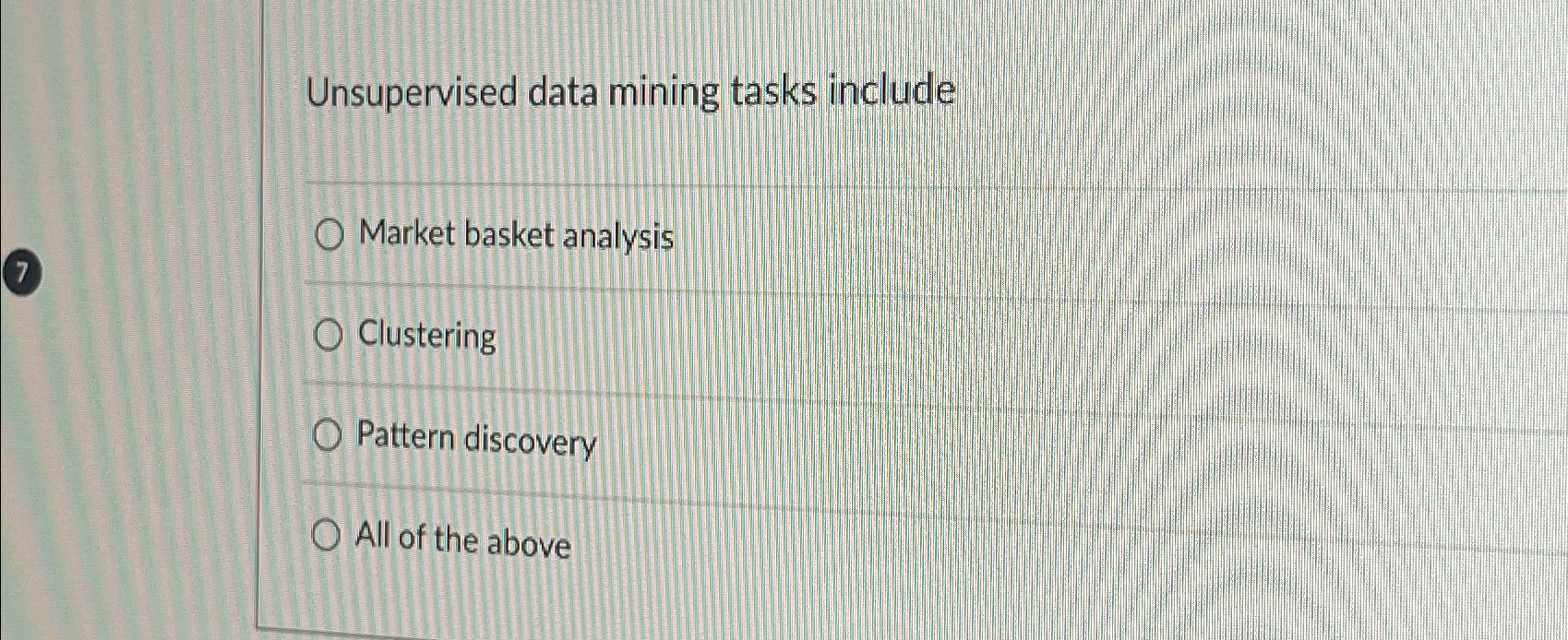  Unsupervised data mining tasks include Market basket analysis Clustering Pattern discovery