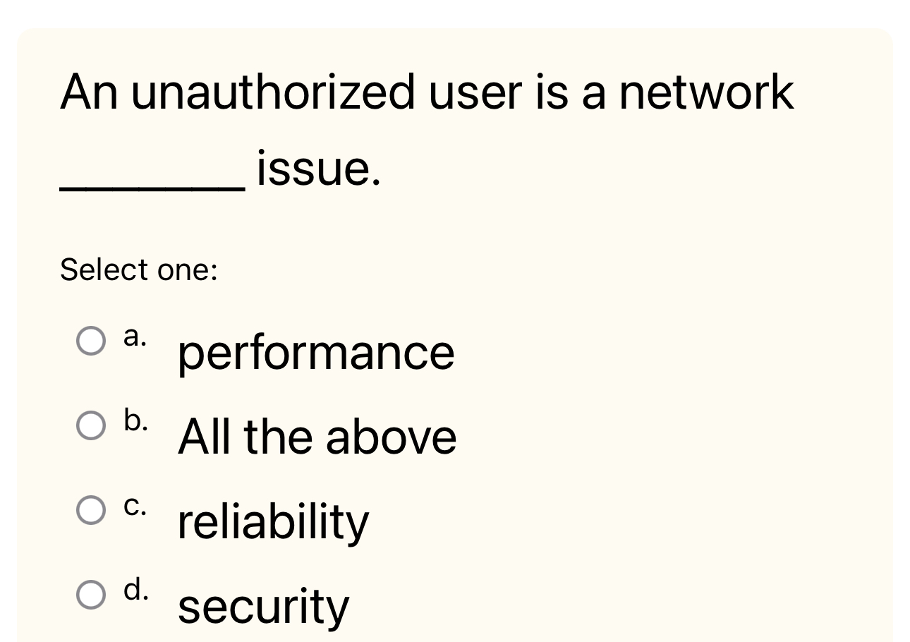  An unauthorized user is a network issue. Select one: a. performance