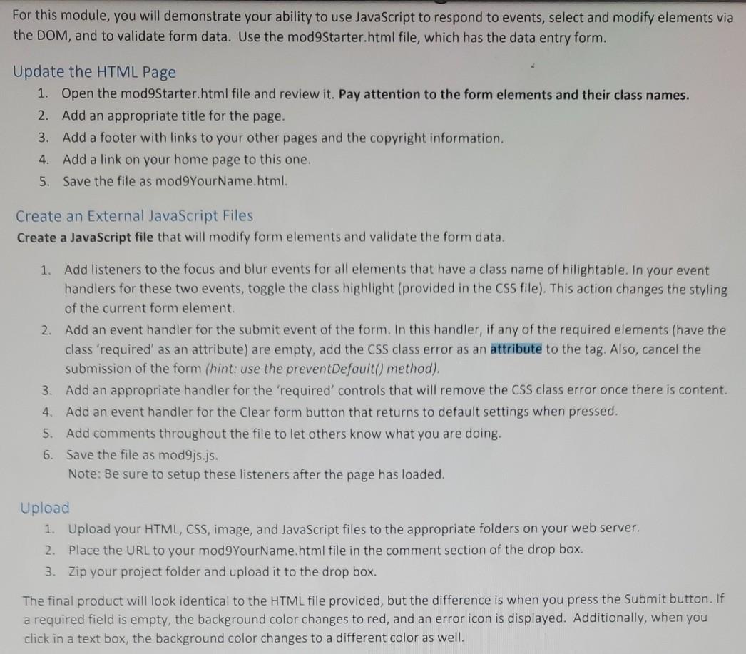  mod9Starter.html CSS code The picture below shows what it looks like