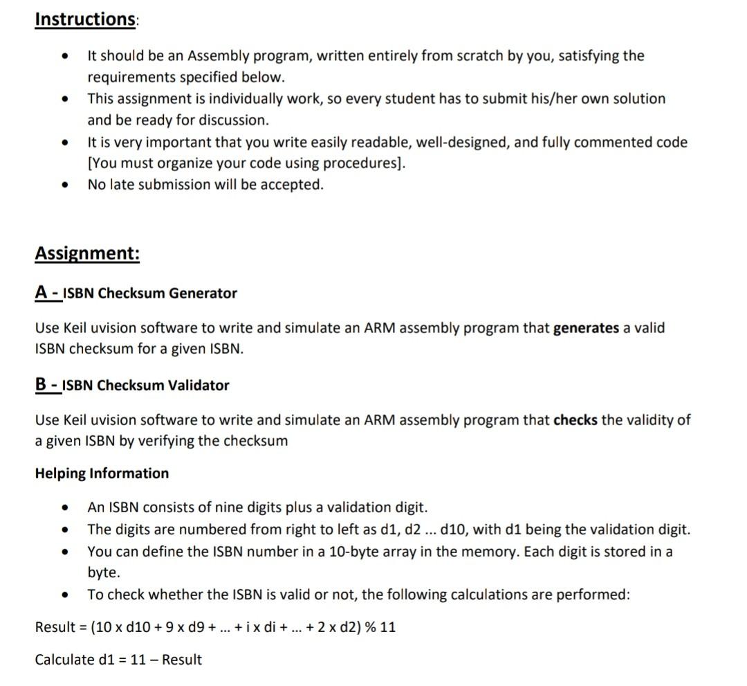  ARM Instructions: . . It should be an Assembly program, written