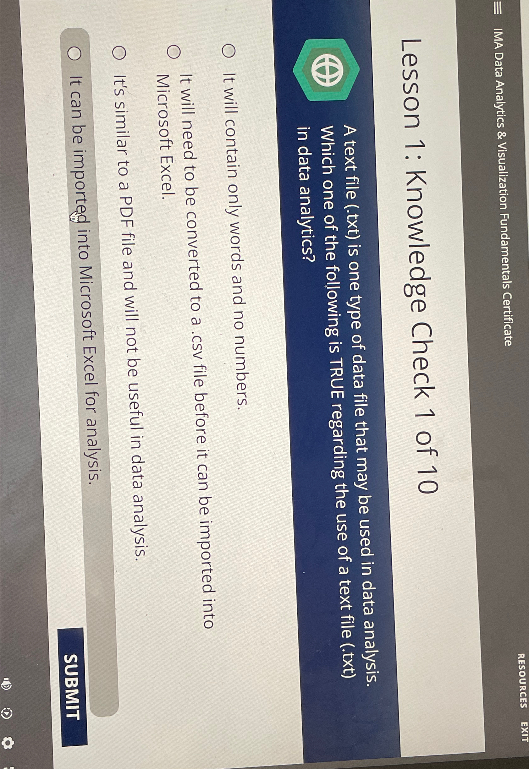  IMA Data Analytics & Visualization Fundamentals Certificate Lesson 1: Knowledge Check