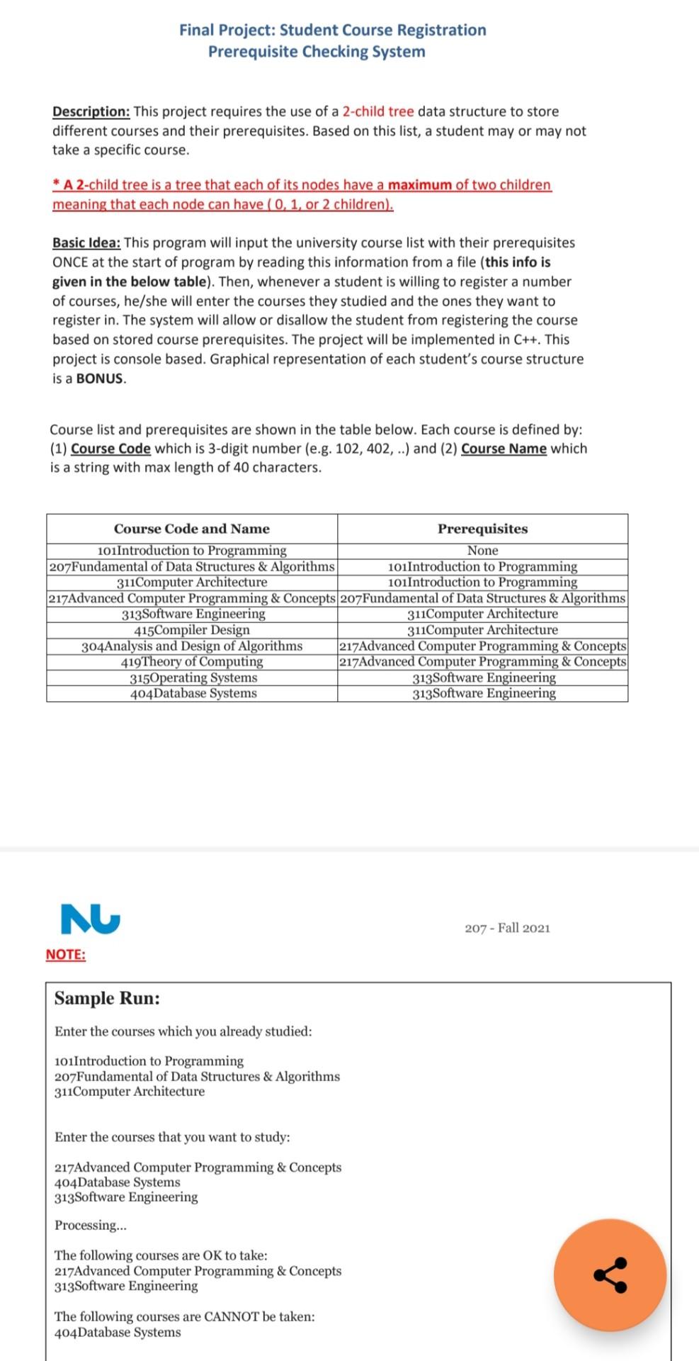  Data structure project with c++ language Final Project: Student Course Registration