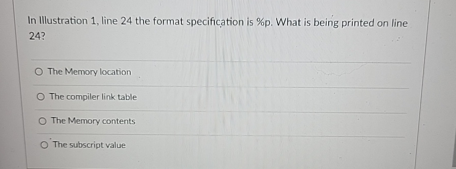  In lllustration 1, line 24 the format specification is %p. What